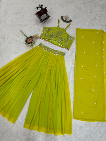 Party Wear Parrot Green Color Faux Georgette Thread With Sequence And Koti Work Sharara Suit