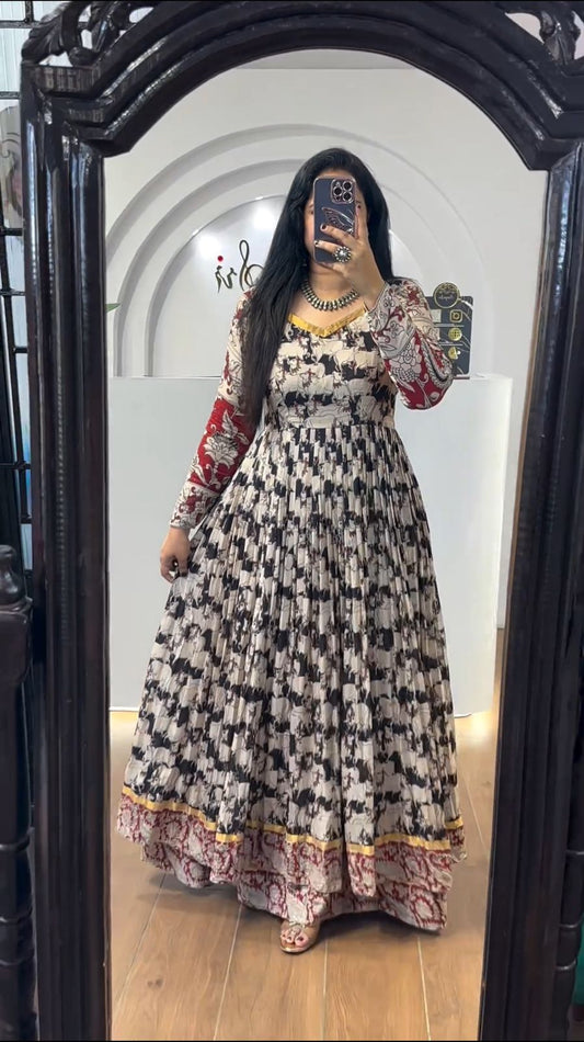 Precious Black Color Rayon Cotton And Kalamkari Printed Designer Gown