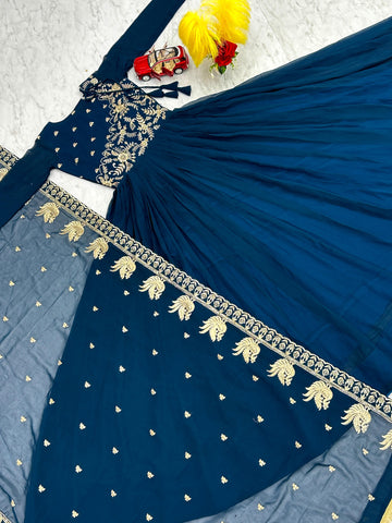 Exclusive Teal Blue Faux Georgette Heavy 3mm Sequence Embroidery Work Designer Gown