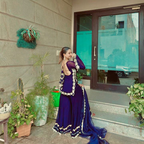 Party Wear Royal Blue Color Heavy Fuax Georgette With Chine Stitched Work Sharara Suit