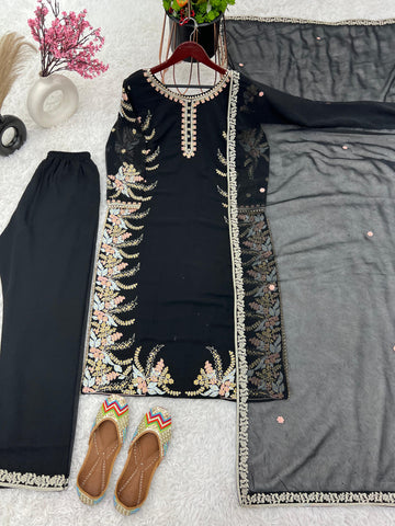Classy Black Color Faux Georgette With Heavy Embroidery Work Salwar Suit