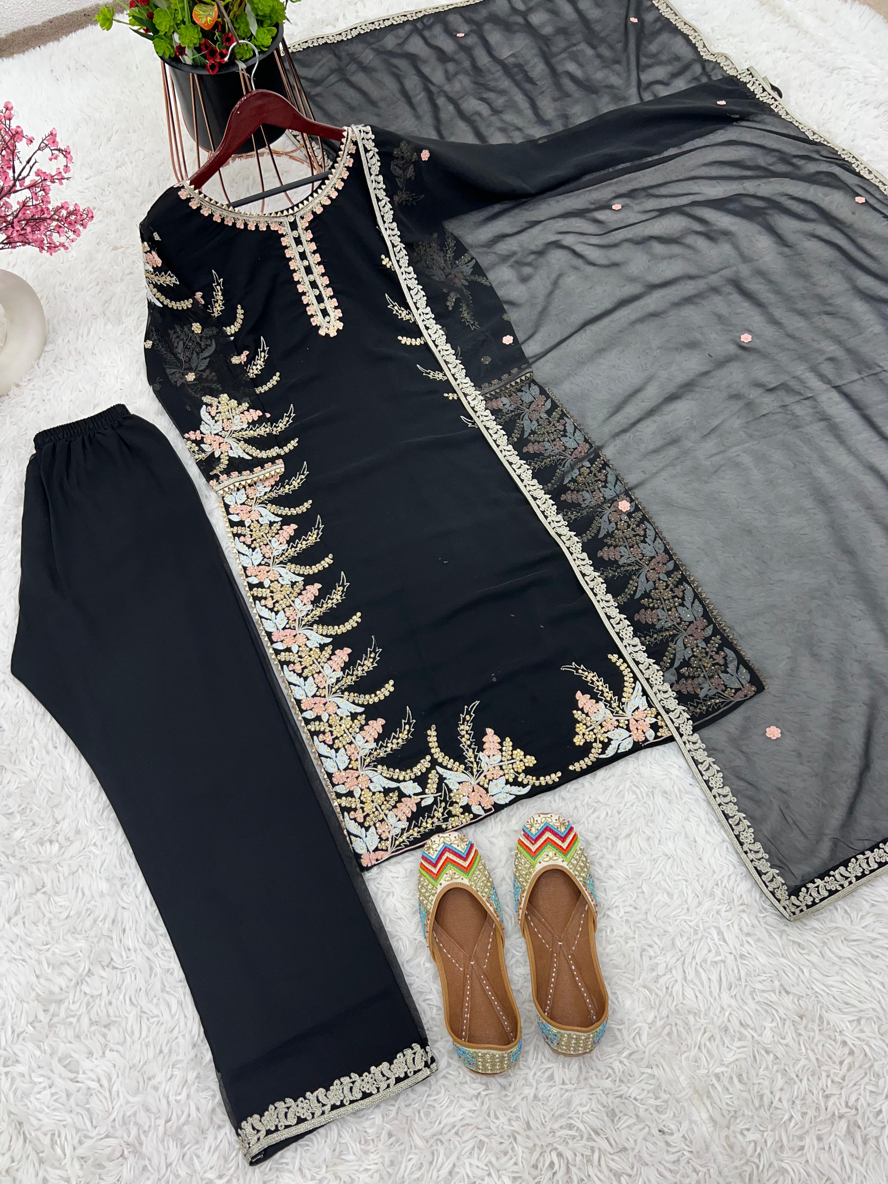 Classy Black Color Faux Georgette With Heavy Embroidery Work Salwar Suit