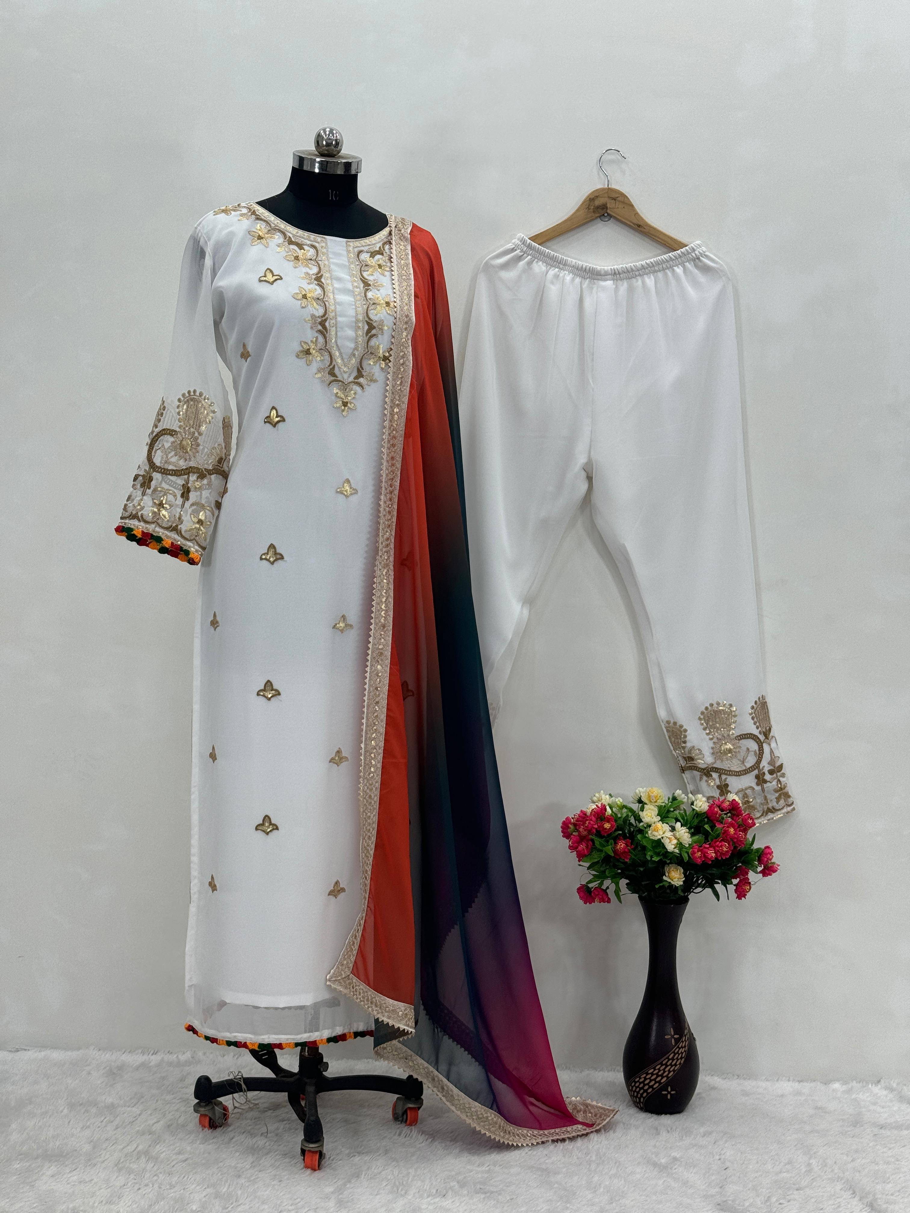 Wedding Wear White Color Heavy Faux Georgette With Chine Sequence Work Salwar Suit