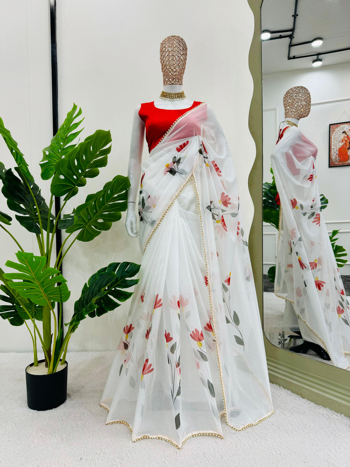 Luxuriant White Color Tabby Silk Digital Print With Pearl Work Fancy Lace Saree