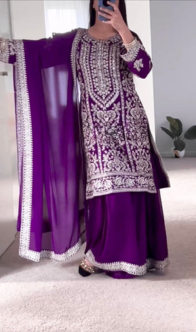 Designer Purple Color Heavy Faux Georgette With 5mm Sequence Embroidery Work Sharara Suit