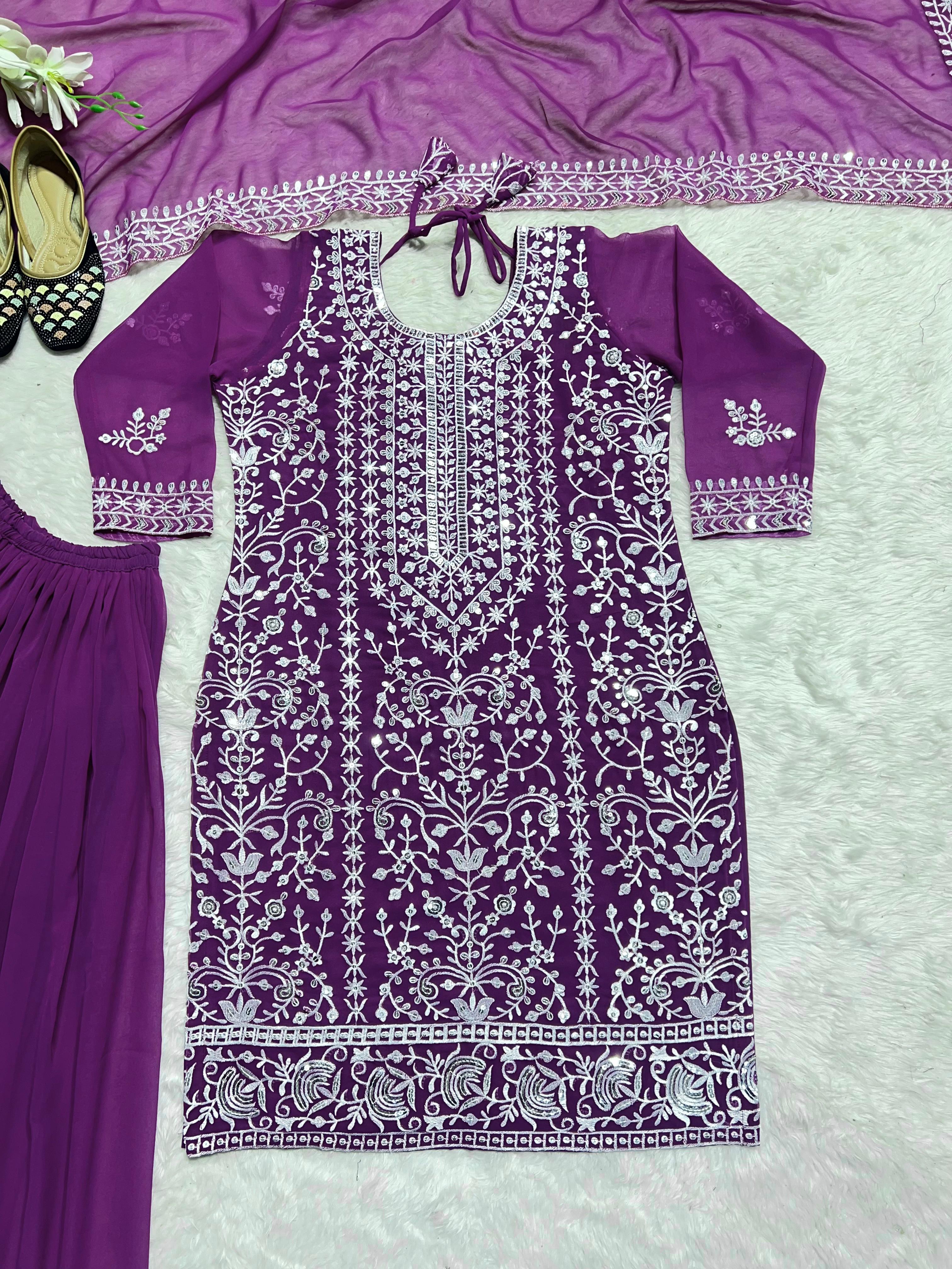 Designer Purple Color Heavy Faux Georgette With 5mm Sequence Embroidery Work Sharara Suit
