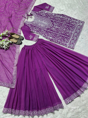 Designer Purple Color Heavy Faux Georgette With 5mm Sequence Embroidery Work Sharara Suit