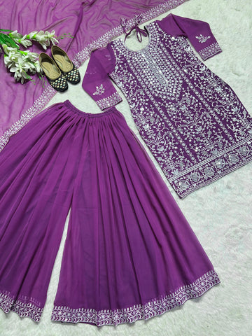 Designer Purple Color Heavy Faux Georgette With 5mm Sequence Embroidery Work Sharara Suit