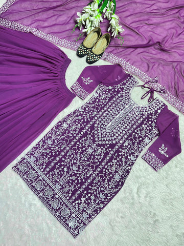 Designer Purple Color Heavy Faux Georgette With 5mm Sequence Embroidery Work Sharara Suit