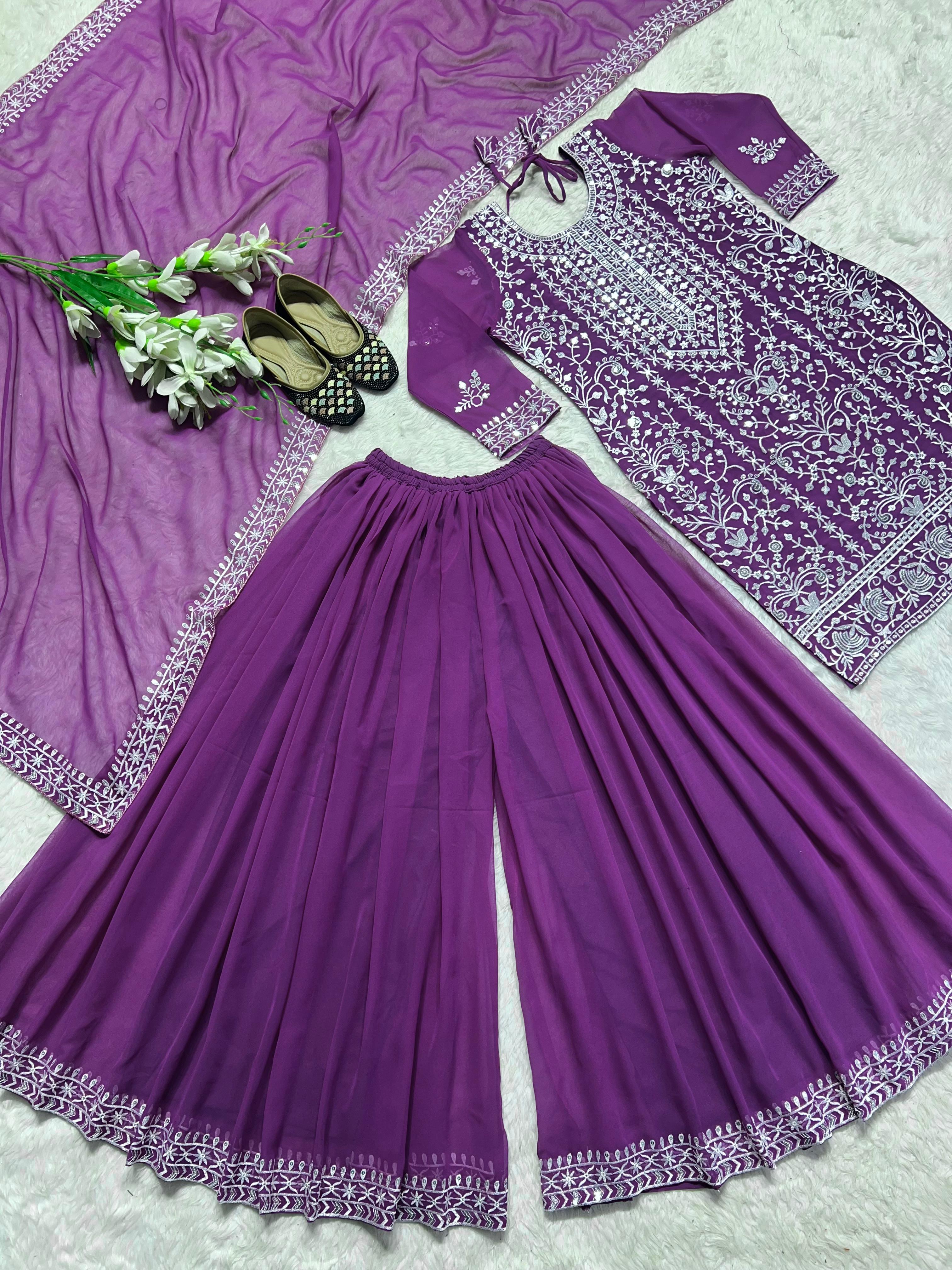 Designer Purple Color Heavy Faux Georgette With 5mm Sequence Embroidery Work Sharara Suit