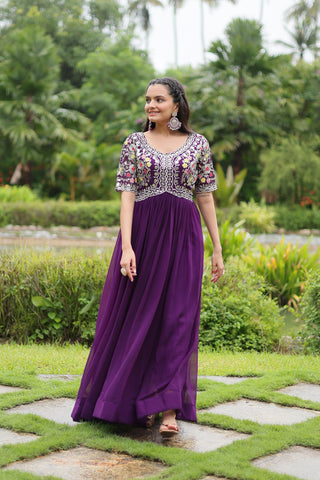 Party Wear Purple Color Faux Blooming With Embroidery Zari Sequence Work Designer Gown