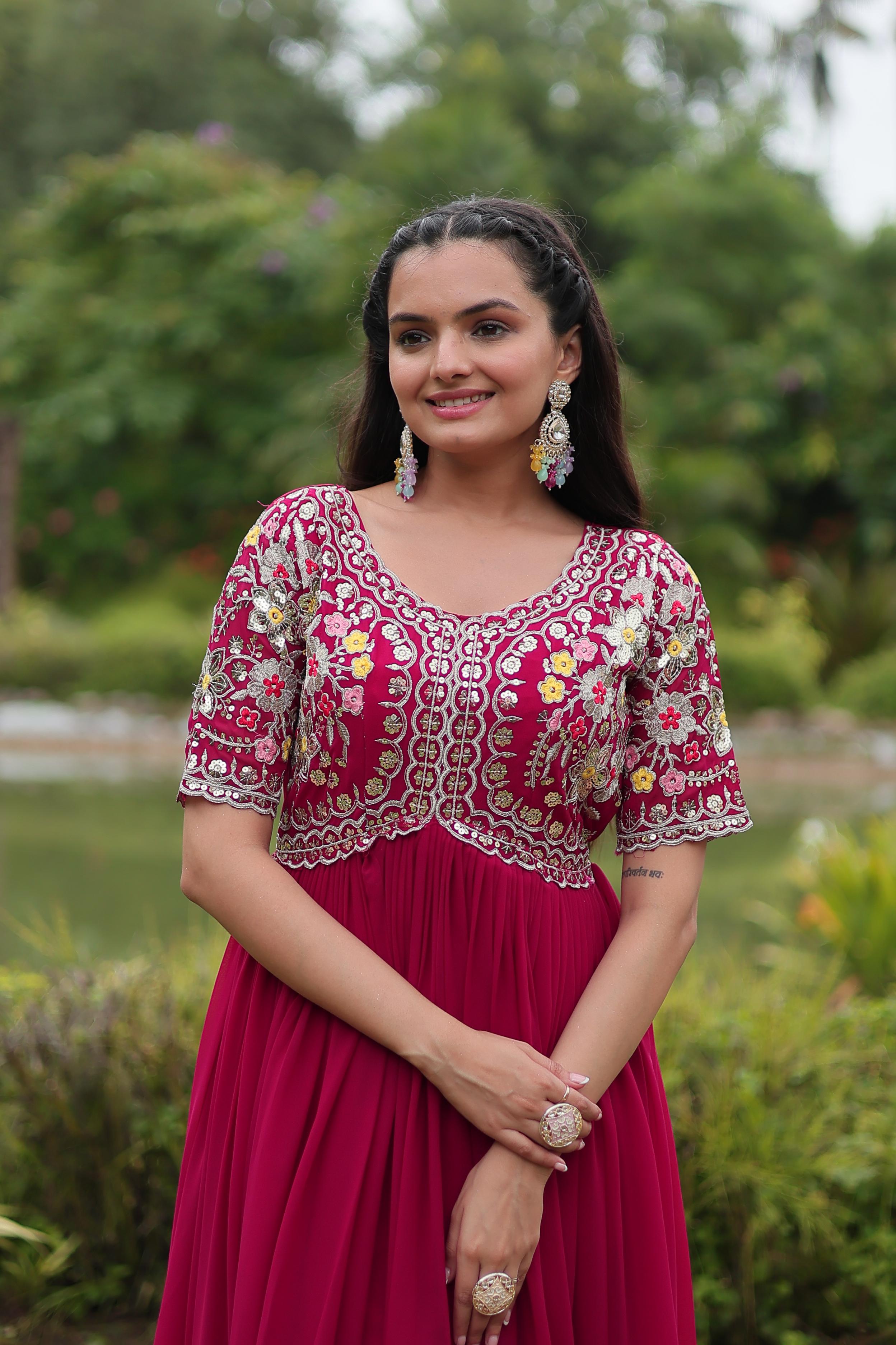 Party Wear Pink Color Faux Blooming With Embroidery Zari Sequence Work Designer Gown
