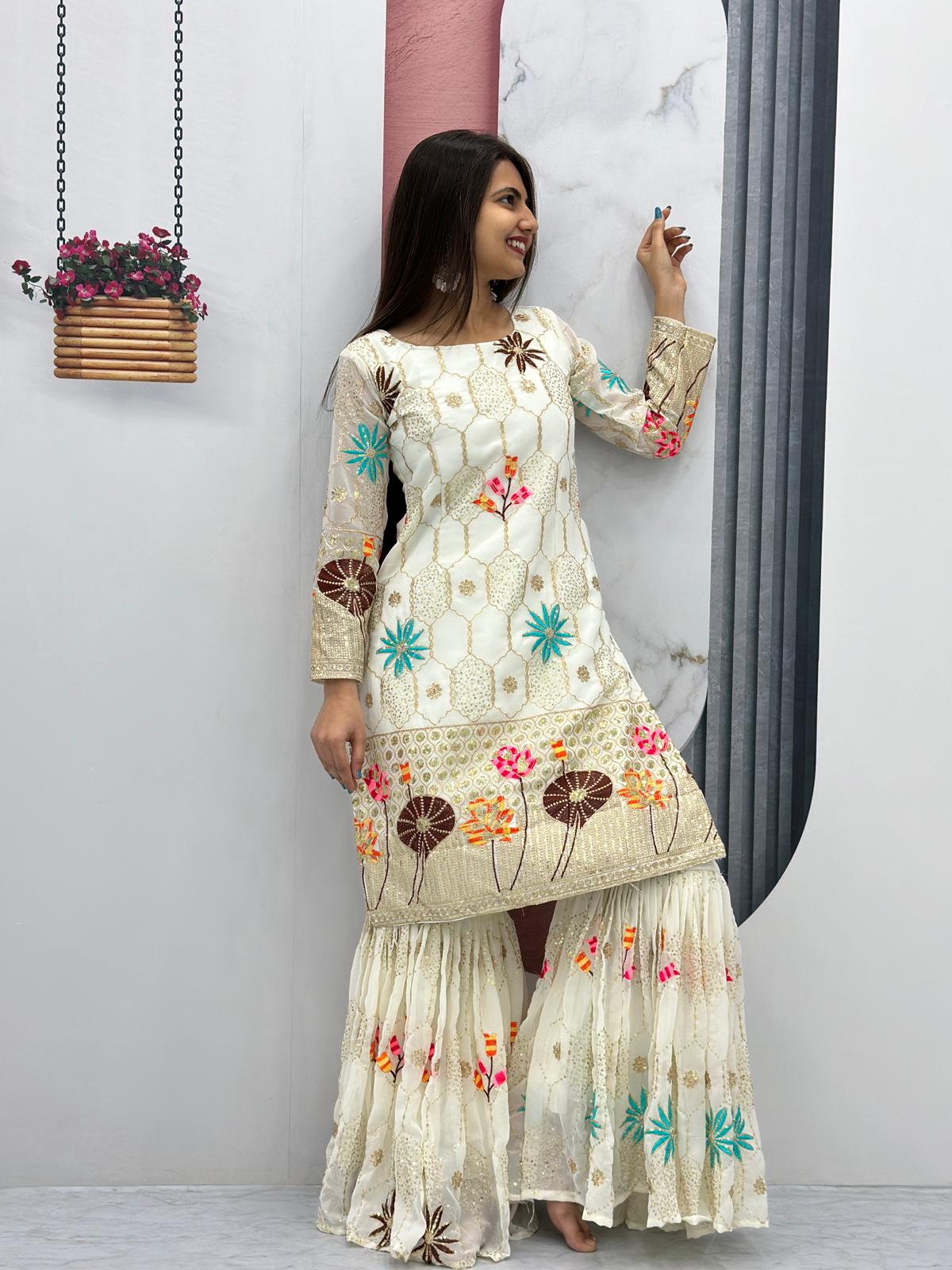 Ravishing White Color Heavy Faux Georgette With Thread And Sequence Work Designer Sharara Suit
