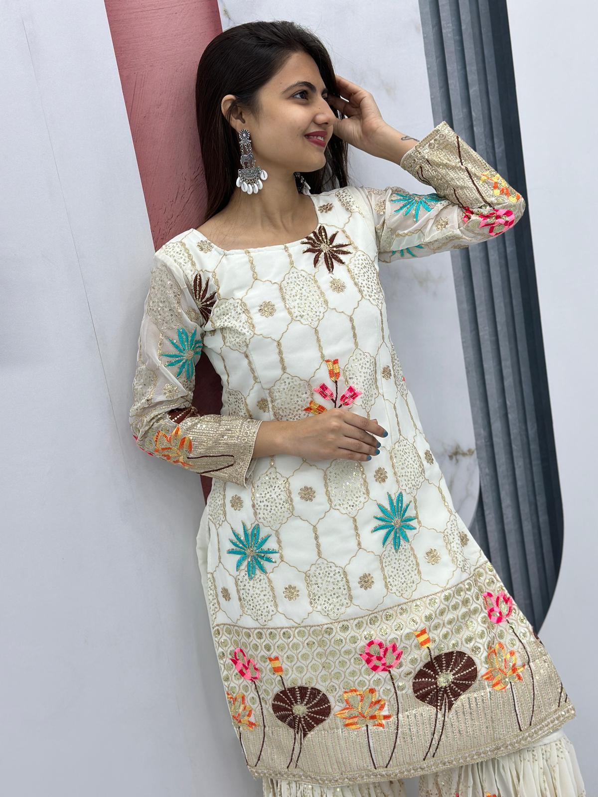 Ravishing White Color Heavy Faux Georgette With Thread And Sequence Work Designer Sharara Suit