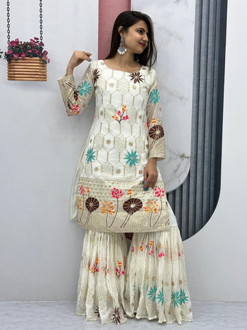 Ravishing White Color Heavy Faux Georgette With Thread And Sequence Work Designer Sharara Suit