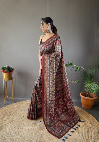 Formal Wear Maroon Color Digital Printed Semi Silk Weaves Designer Saree