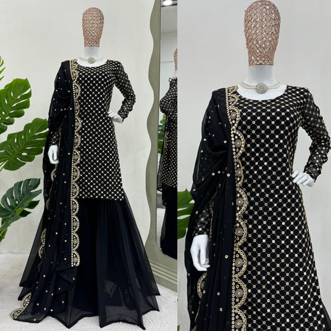 Party Wear Black Color Faux Georgette Thread With 9mm Sequence Designer Sharara Suit