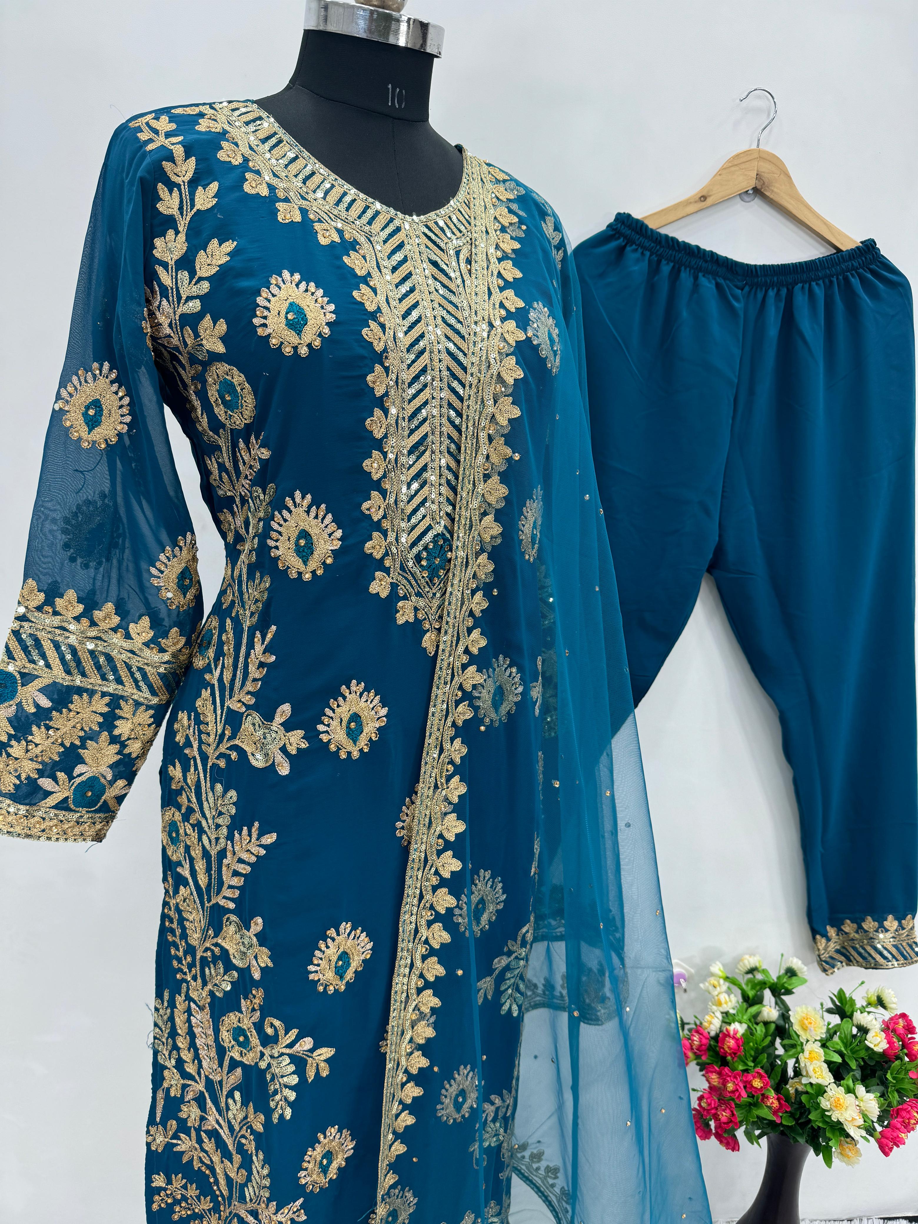 Latest Rama Color Heavy Faux Georgette And Chain Sequence Work Designer Pakistani Salwar Suit