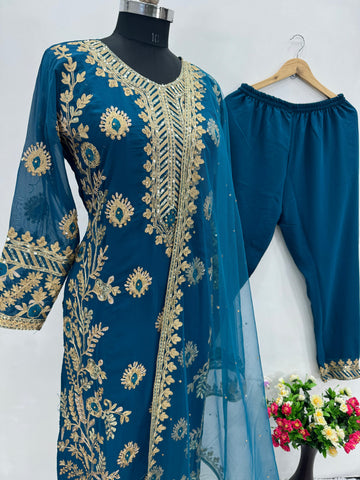 Latest Rama Color Heavy Faux Georgette And Chain Sequence Work Designer Pakistani Salwar Suit
