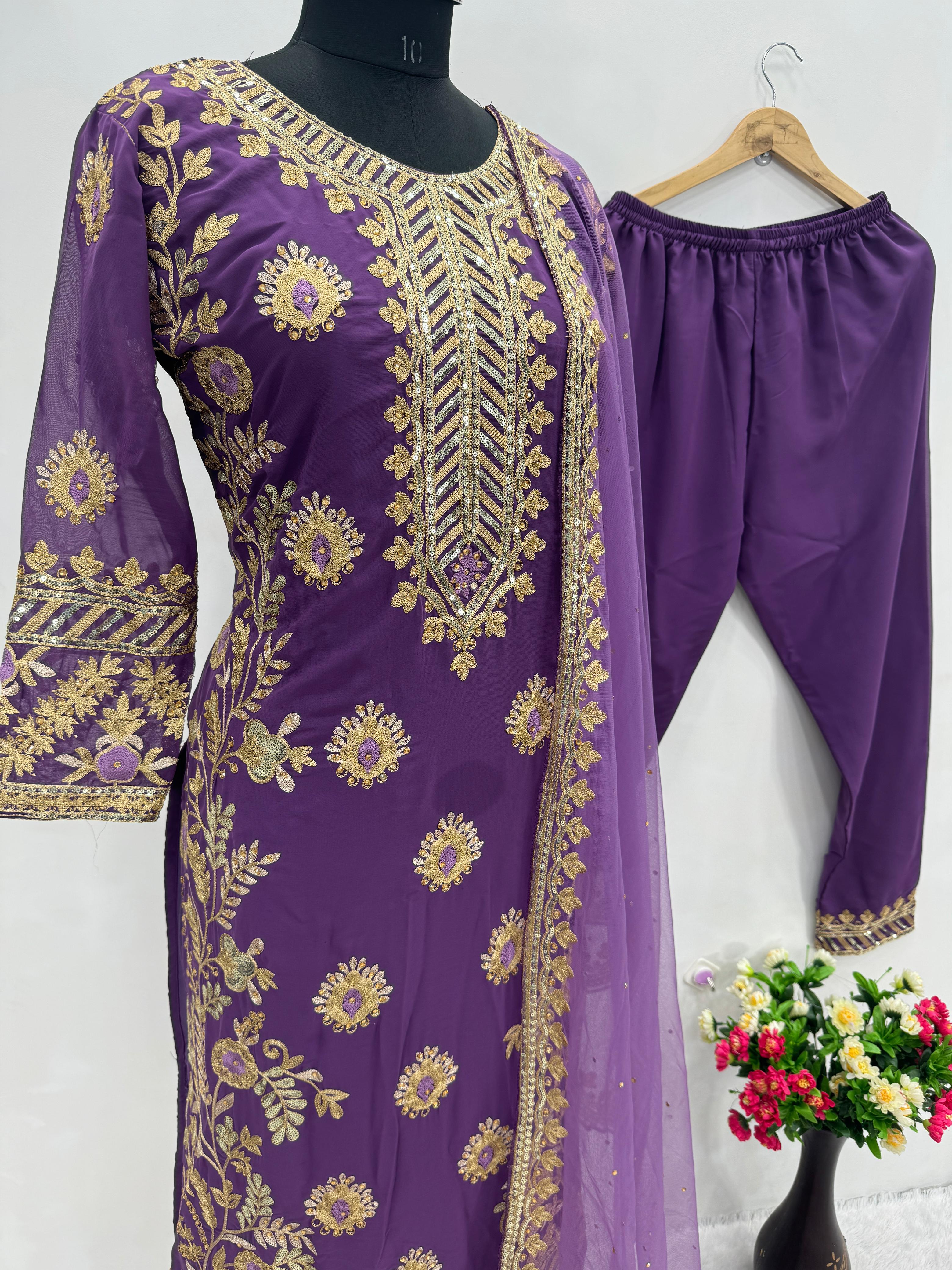 Purple Color Heavy Faux Georgette And Chain Sequence Work Designer Pakistani Salwar Suit