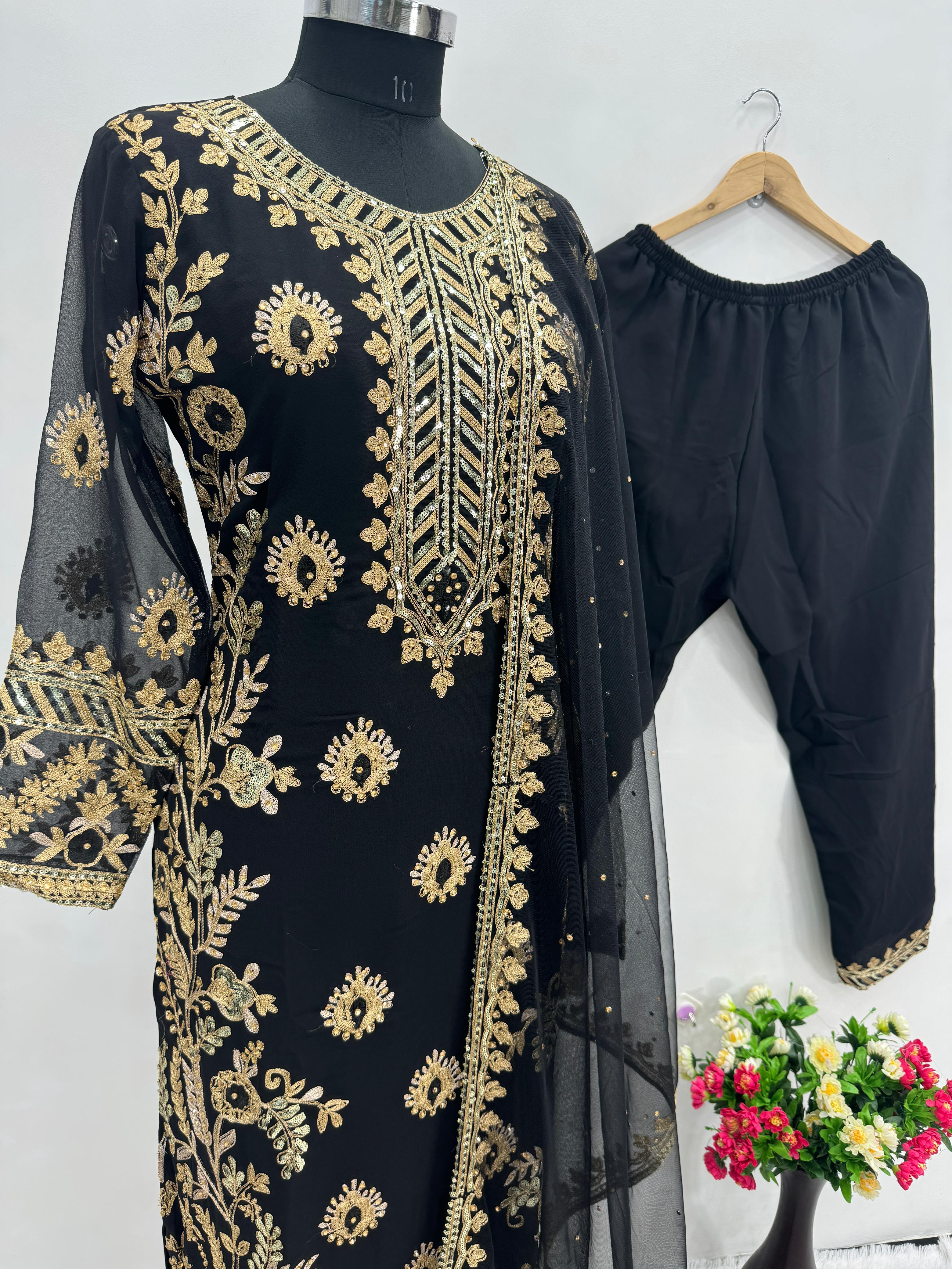 Black Color Heavy Faux Georgette And Chain Sequence Work Designer Pakistani Salwar Suit