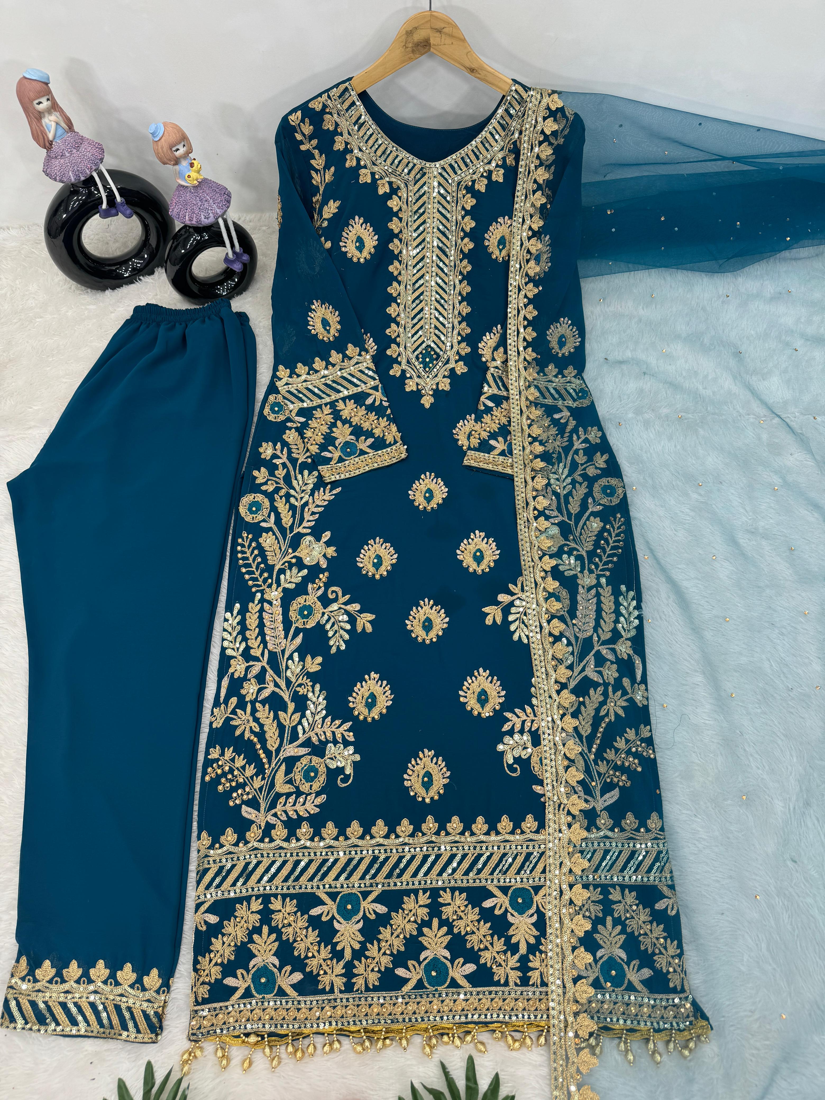 Latest Rama Color Heavy Faux Georgette And Chain Sequence Work Designer Pakistani Salwar Suit