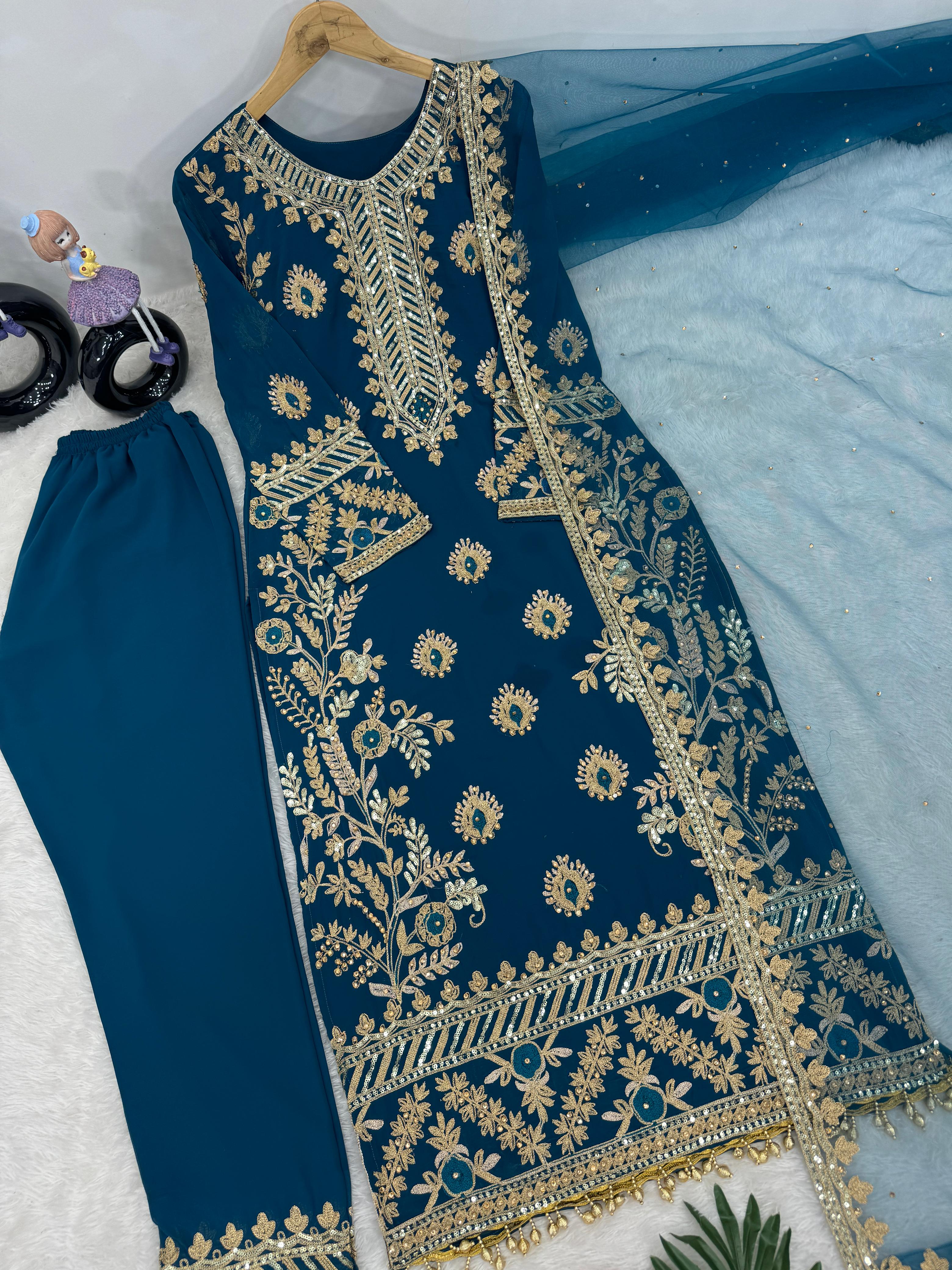Latest Rama Color Heavy Faux Georgette And Chain Sequence Work Designer Pakistani Salwar Suit