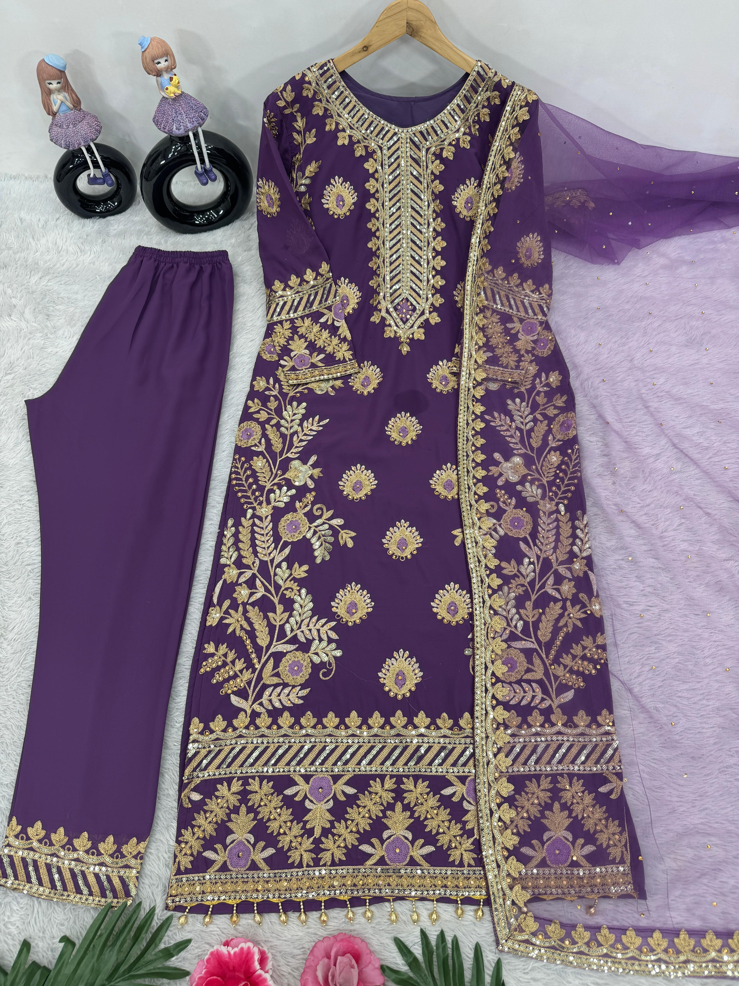 Purple Color Heavy Faux Georgette And Chain Sequence Work Designer Pakistani Salwar Suit