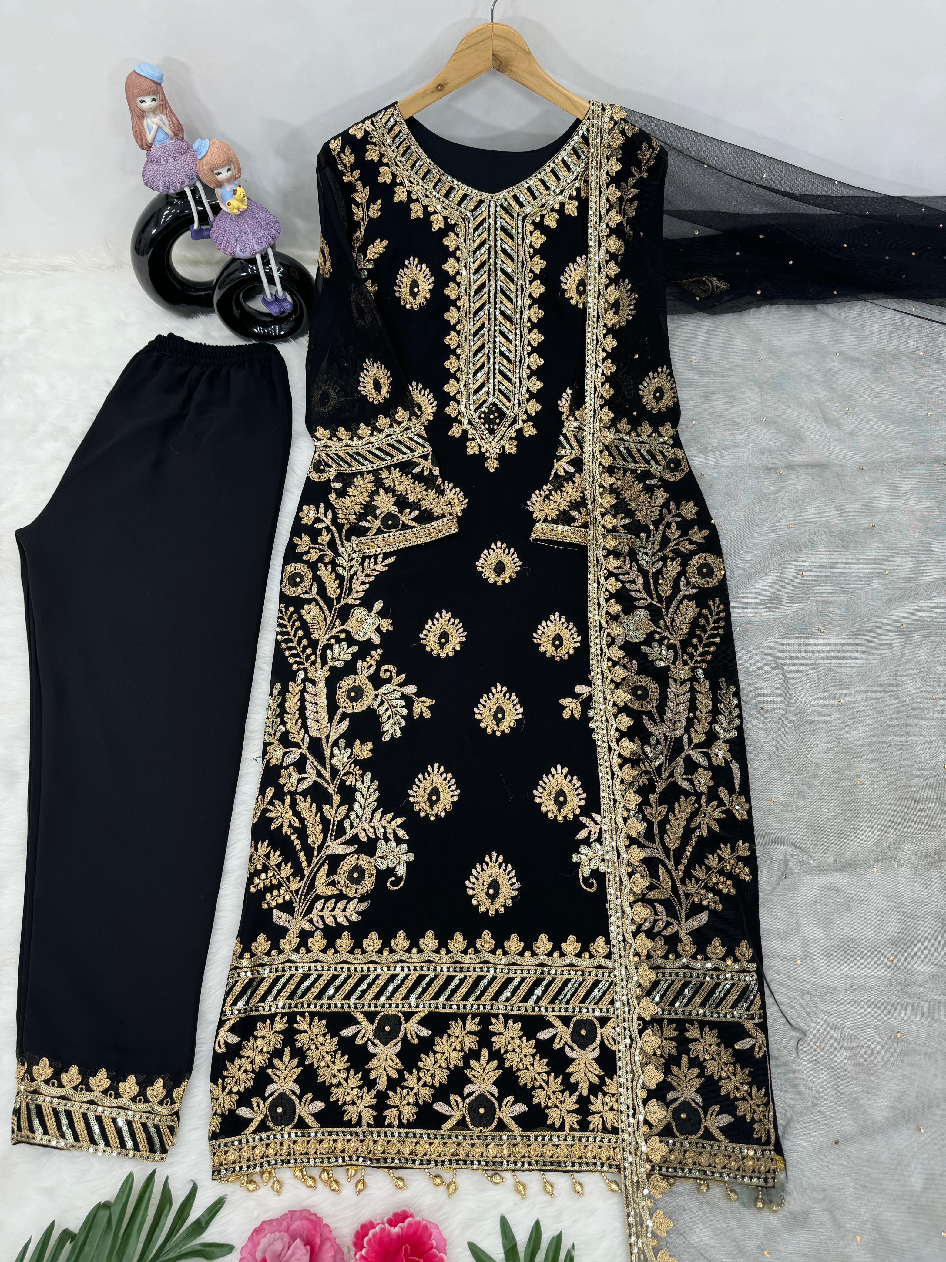 Black Color Heavy Faux Georgette And Chain Sequence Work Designer Pakistani Salwar Suit