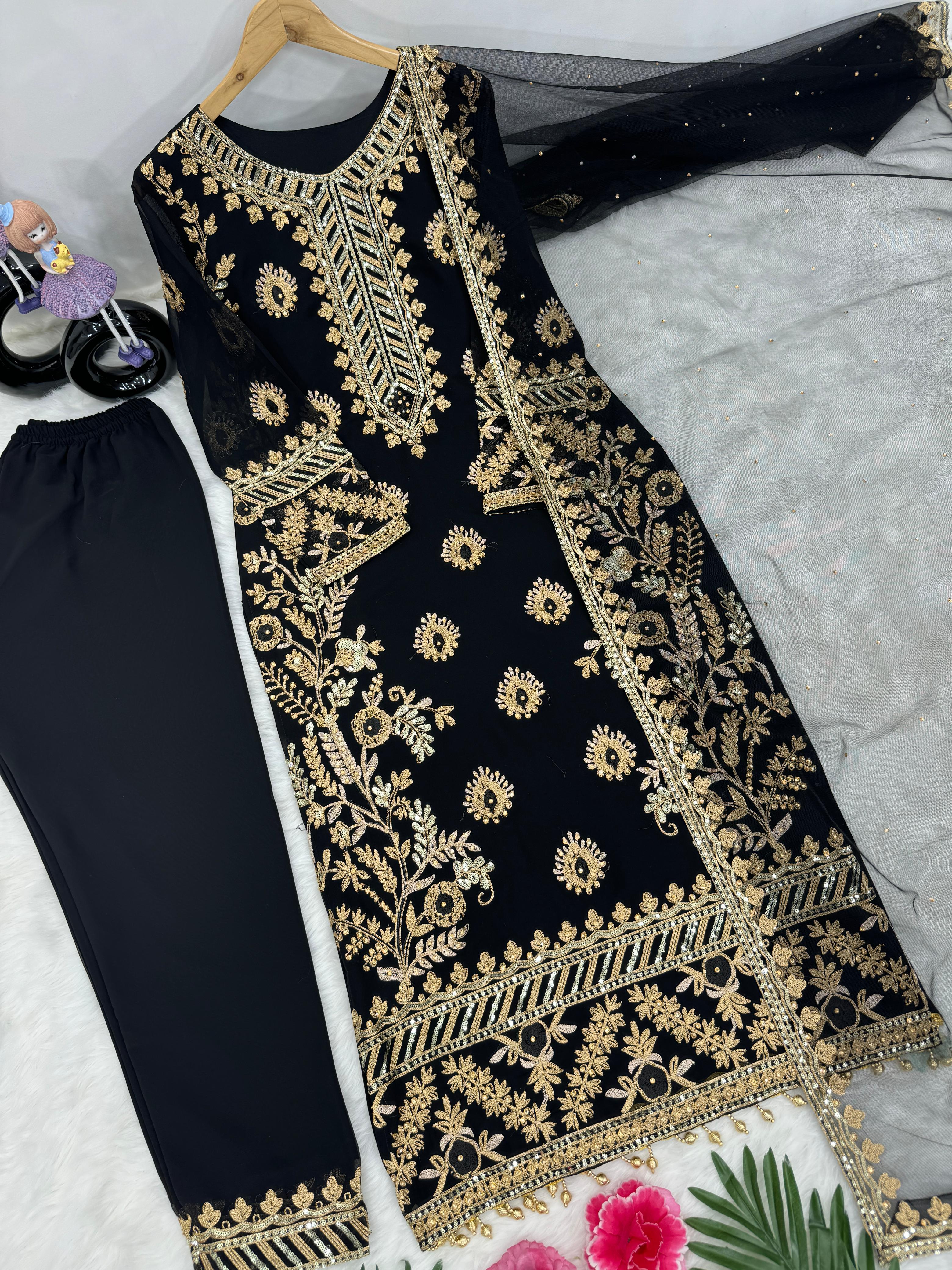Black Color Heavy Faux Georgette And Chain Sequence Work Designer Pakistani Salwar Suit