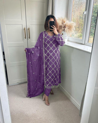 Purple Color Faux Georgette Real Hand Work Sequence Embroidery Work Salwar Suit