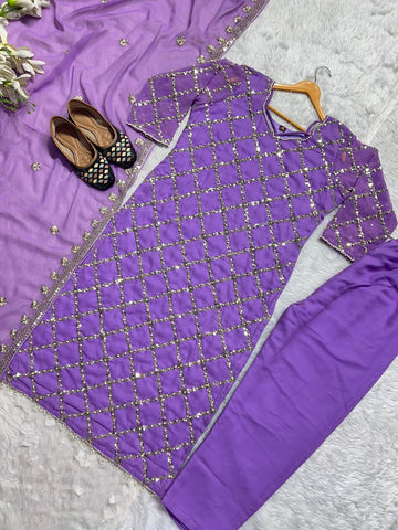 Purple Color Faux Georgette Real Hand Work Sequence Embroidery Work Salwar Suit