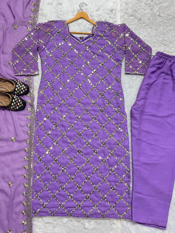 Purple Color Faux Georgette Real Hand Work Sequence Embroidery Work Salwar Suit