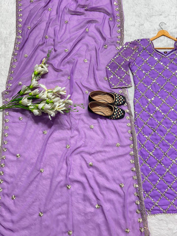Purple Color Faux Georgette Real Hand Work Sequence Embroidery Work Salwar Suit