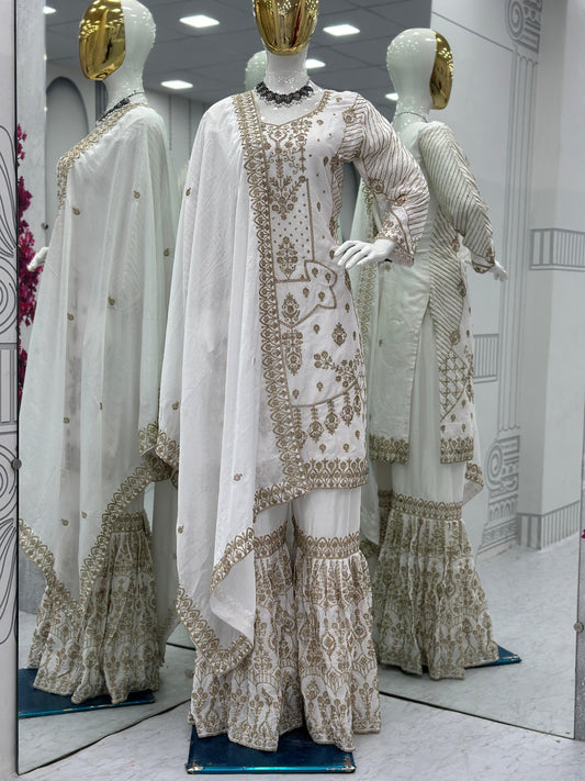 Lovely White Color Heavy Chinon With Embroidery Cording Work Designer Sharara Suit