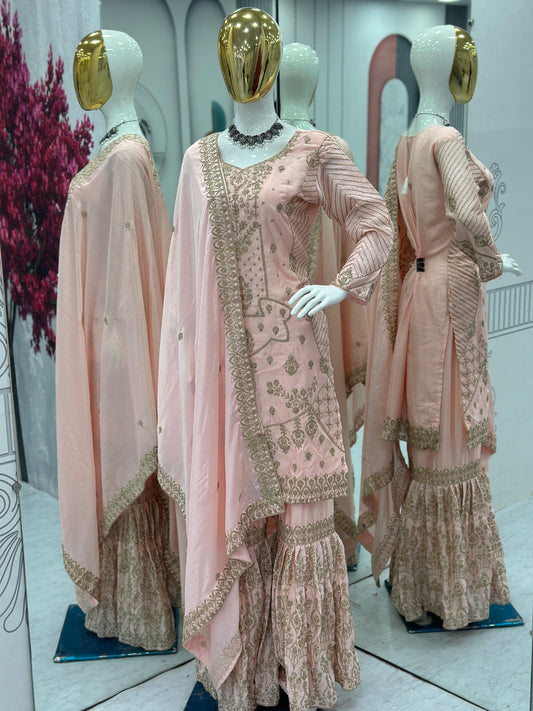 Stunning Peach Color Heavy Chinon With Embroidery Cording Work Designer Sharara Suit
