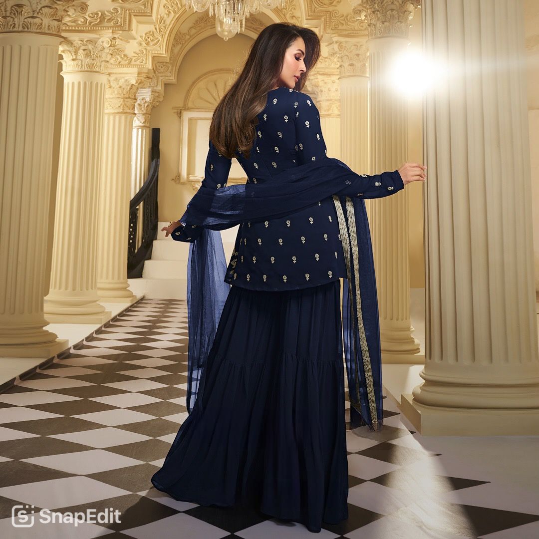 Party Wear Navy Blue Color Heavy Faux Georgette With 5mm Sequence Embroidery Work Sharara Suit