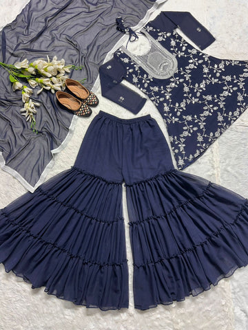 Party Wear Navy Blue Color Heavy Faux Georgette With 5mm Sequence Embroidery Work Sharara Suit