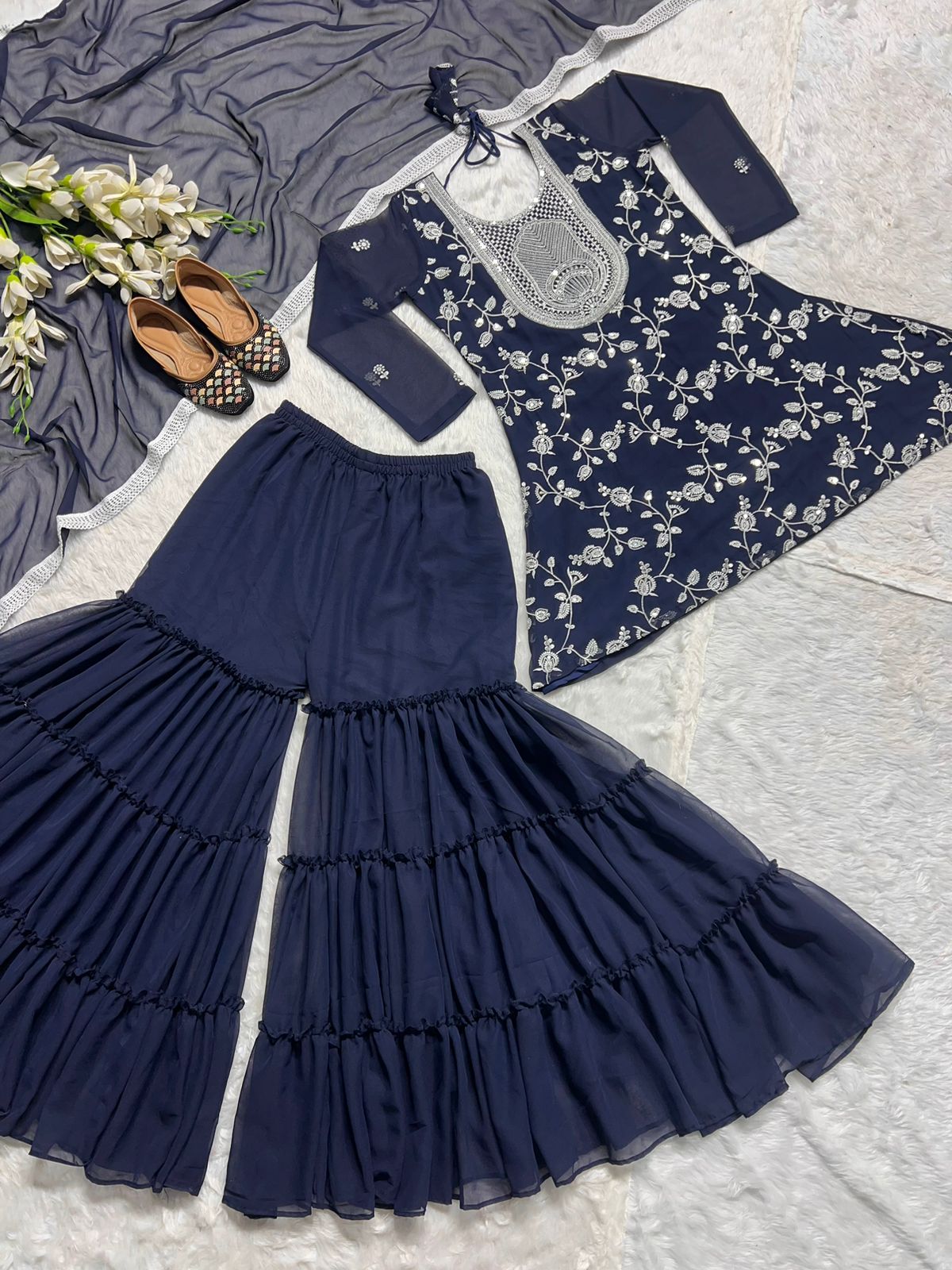Party Wear Navy Blue Color Heavy Faux Georgette With 5mm Sequence Embroidery Work Sharara Suit