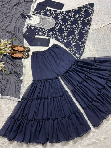 Party Wear Navy Blue Color Heavy Faux Georgette With 5mm Sequence Embroidery Work Sharara Suit