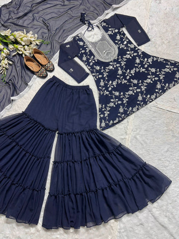 Party Wear Navy Blue Color Heavy Faux Georgette With 5mm Sequence Embroidery Work Sharara Suit
