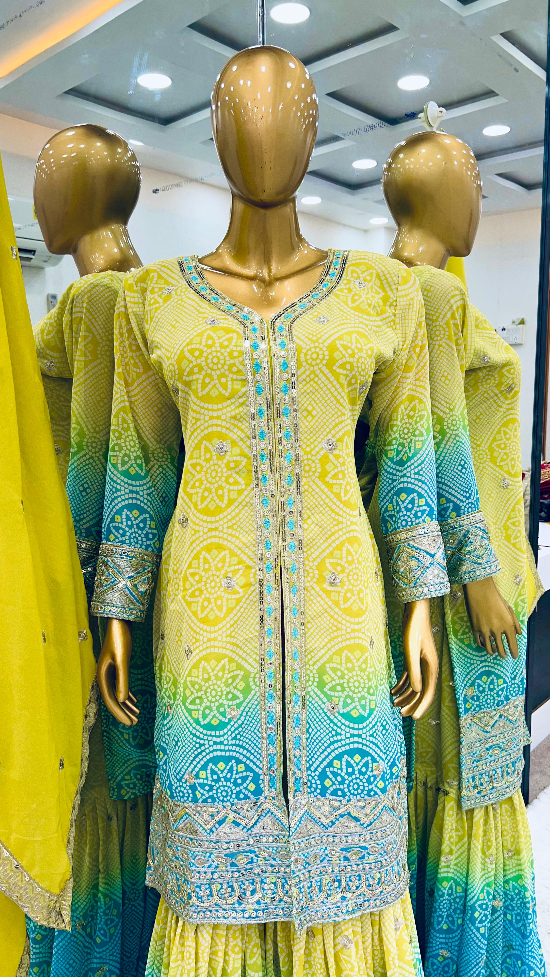 Occasion Wear Yellow And Sky Color  Heavy Faux Georgette With Heavy Embroidery Sequence Work Designer Sharara Suit