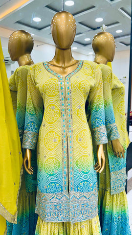 Occasion Wear Yellow And Sky Color  Heavy Faux Georgette With Heavy Embroidery Sequence Work Designer Sharara Suit