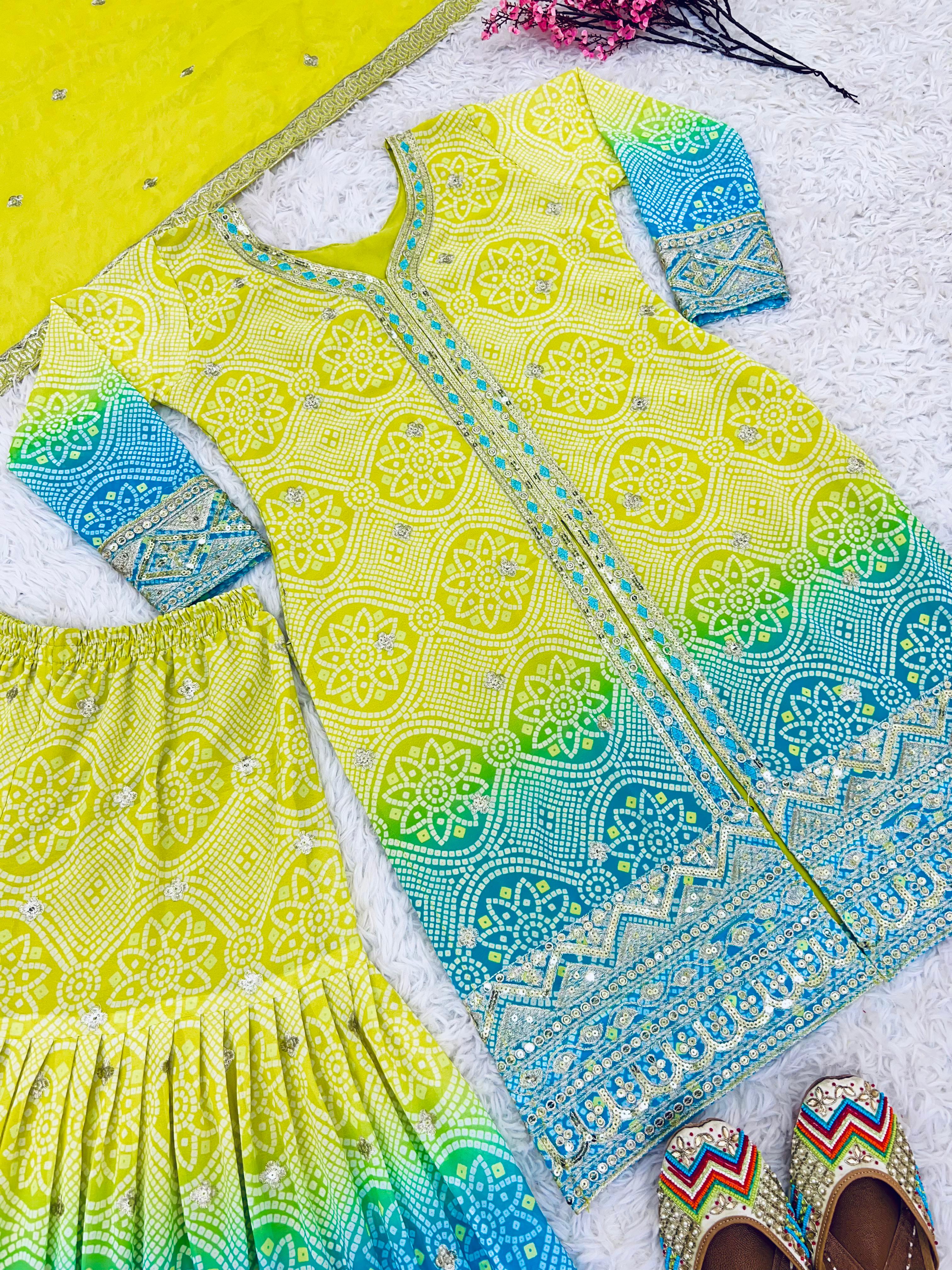 Occasion Wear Yellow And Sky Color  Heavy Faux Georgette With Heavy Embroidery Sequence Work Designer Sharara Suit
