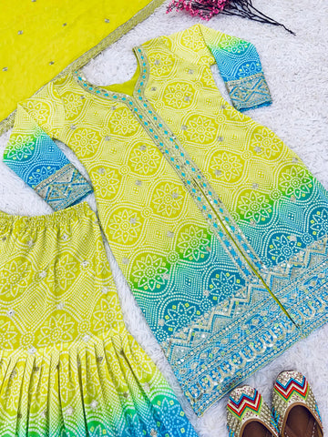 Occasion Wear Yellow And Sky Color  Heavy Faux Georgette With Heavy Embroidery Sequence Work Designer Sharara Suit