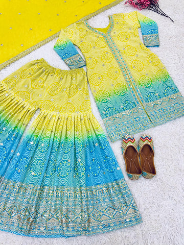 Occasion Wear Yellow And Sky Color  Heavy Faux Georgette With Heavy Embroidery Sequence Work Designer Sharara Suit