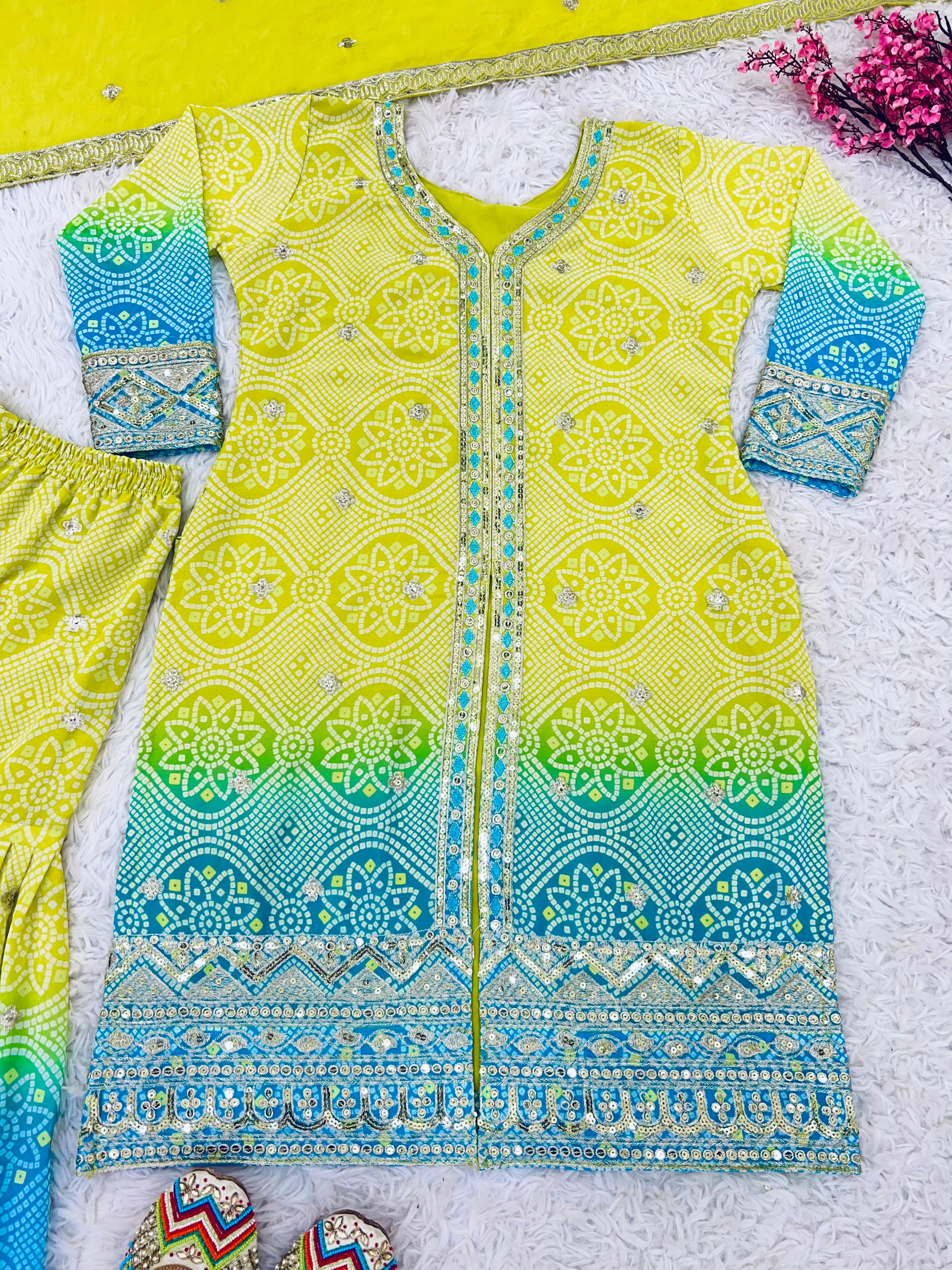 Occasion Wear Yellow And Sky Color  Heavy Faux Georgette With Heavy Embroidery Sequence Work Designer Sharara Suit