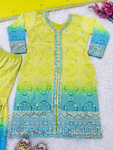 Occasion Wear Yellow And Sky Color  Heavy Faux Georgette With Heavy Embroidery Sequence Work Designer Sharara Suit