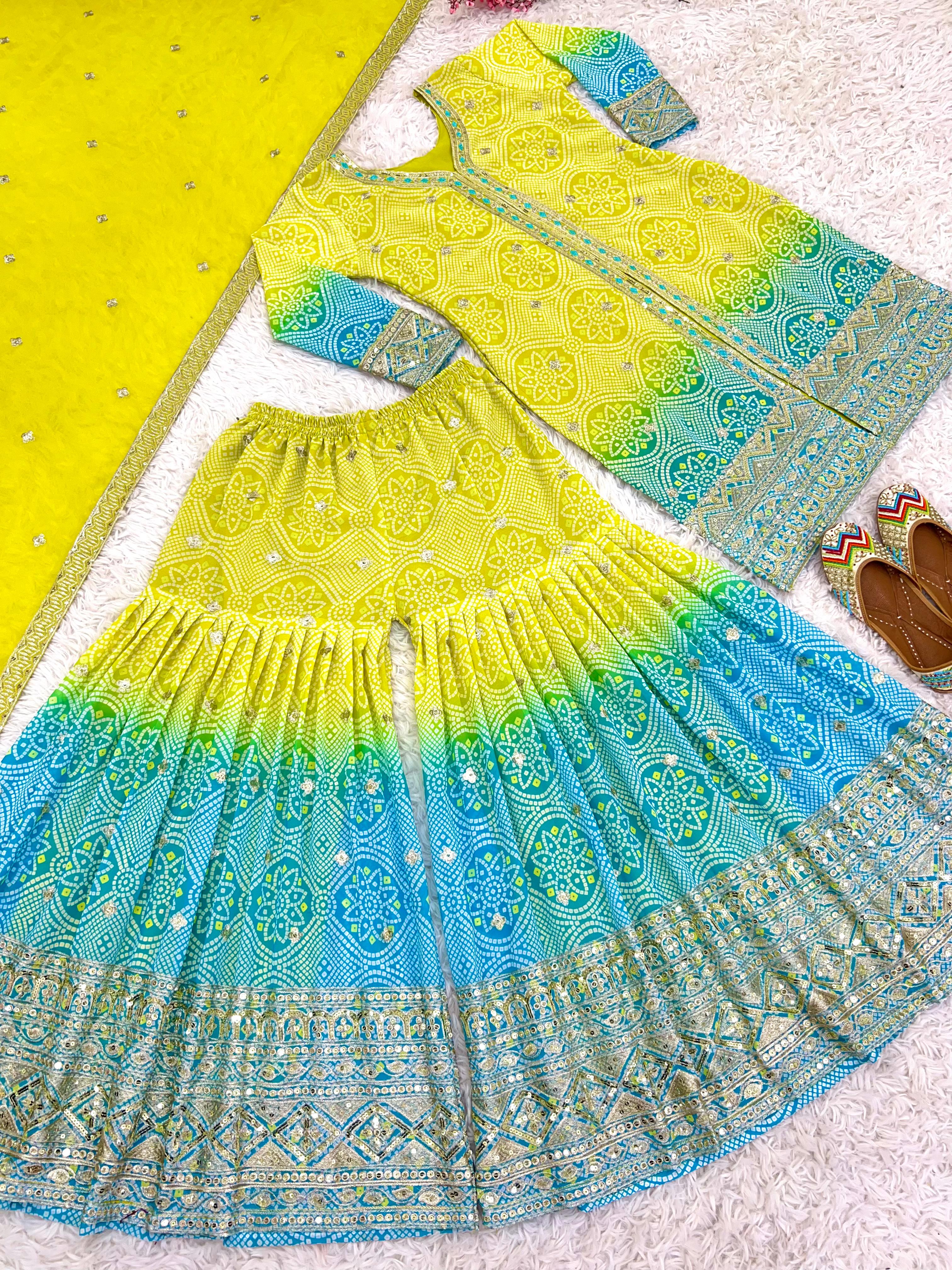 Occasion Wear Yellow And Sky Color  Heavy Faux Georgette With Heavy Embroidery Sequence Work Designer Sharara Suit