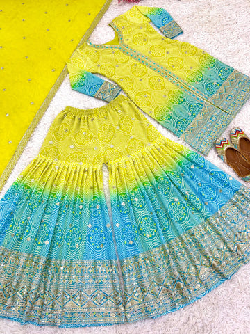 Occasion Wear Yellow And Sky Color  Heavy Faux Georgette With Heavy Embroidery Sequence Work Designer Sharara Suit